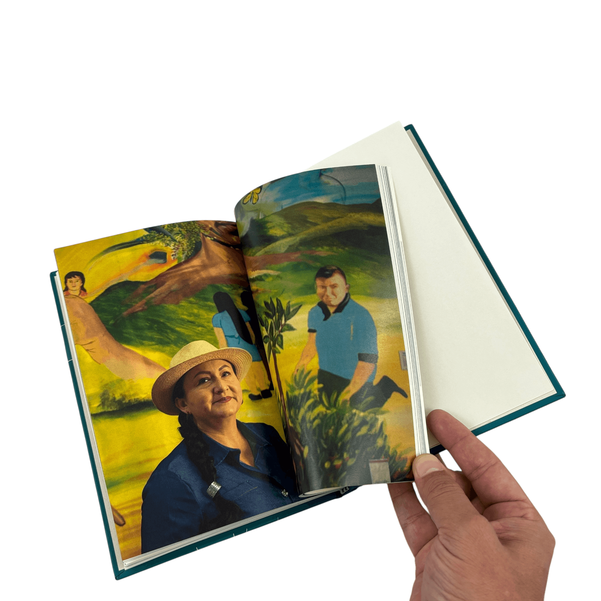 Libro editorial con ilustraciones de mural y paisaje rural