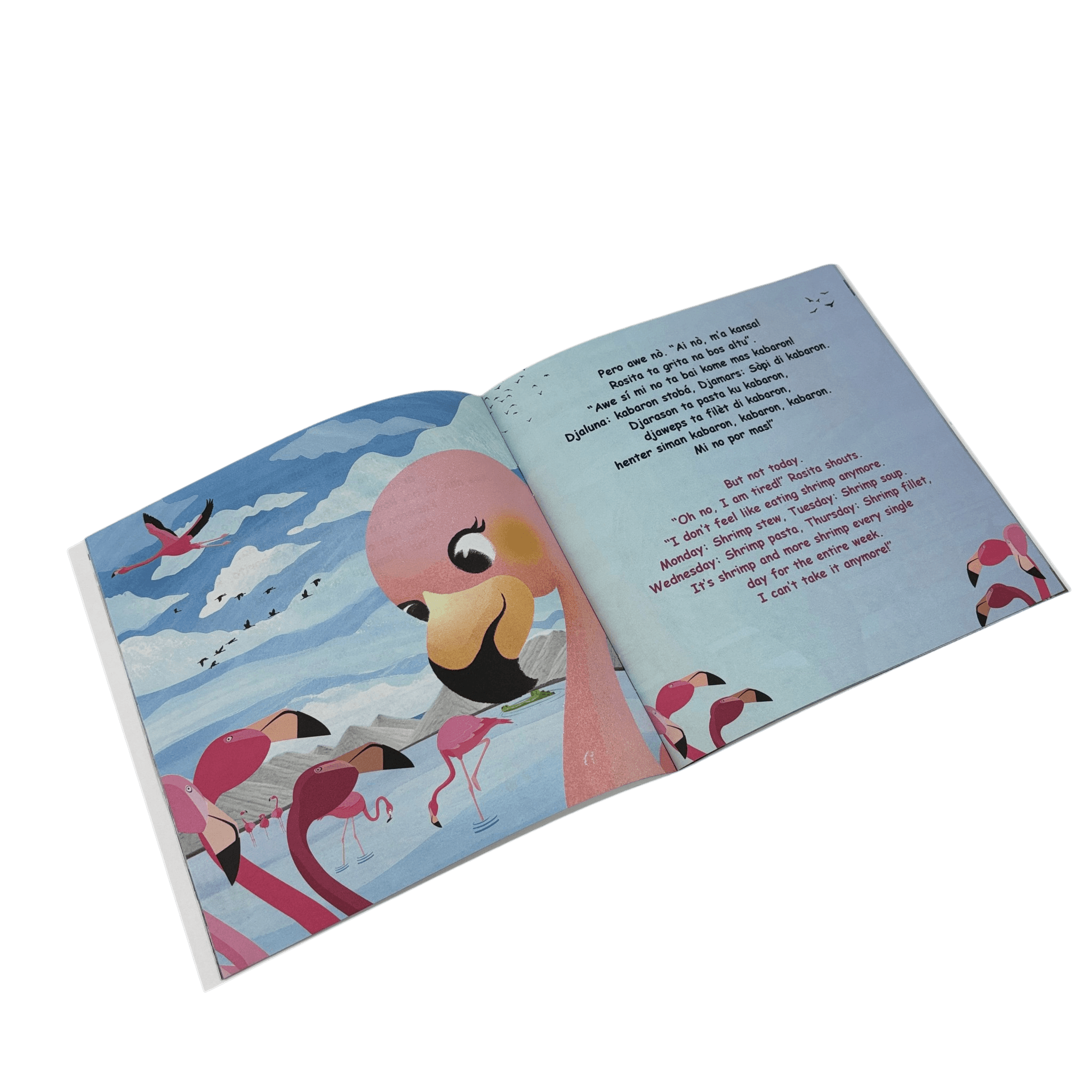 Libro infantil bilingüe con ilustraciones de flamencos